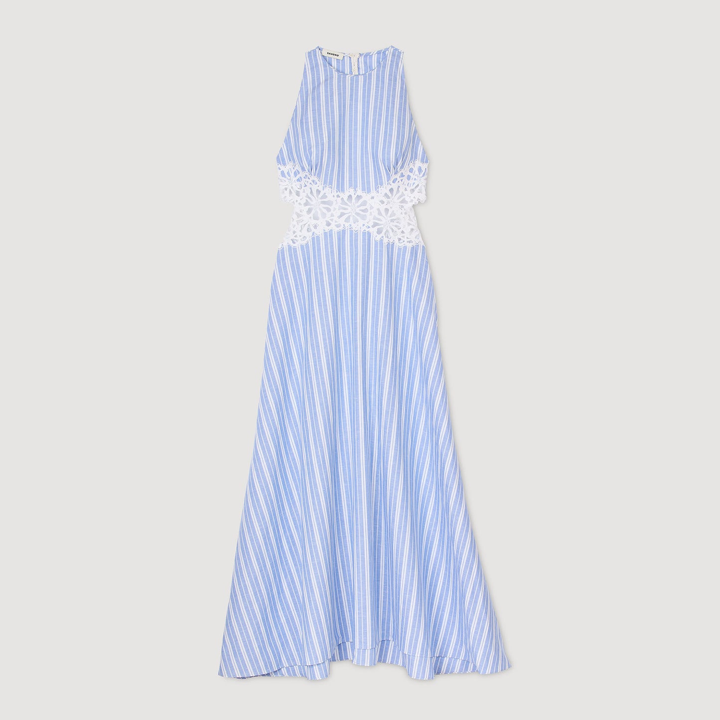 Vestido largo con rayas y encaje