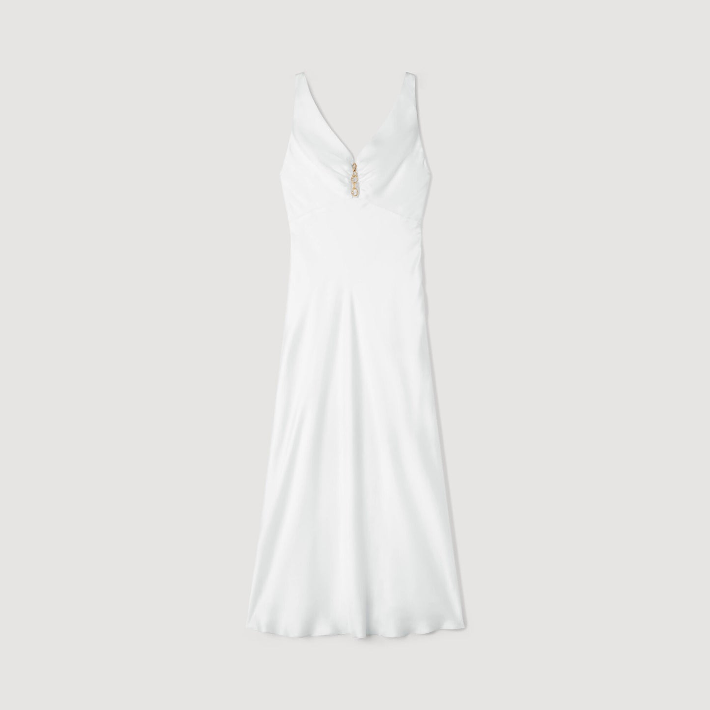 Vestido largo satinado con joya