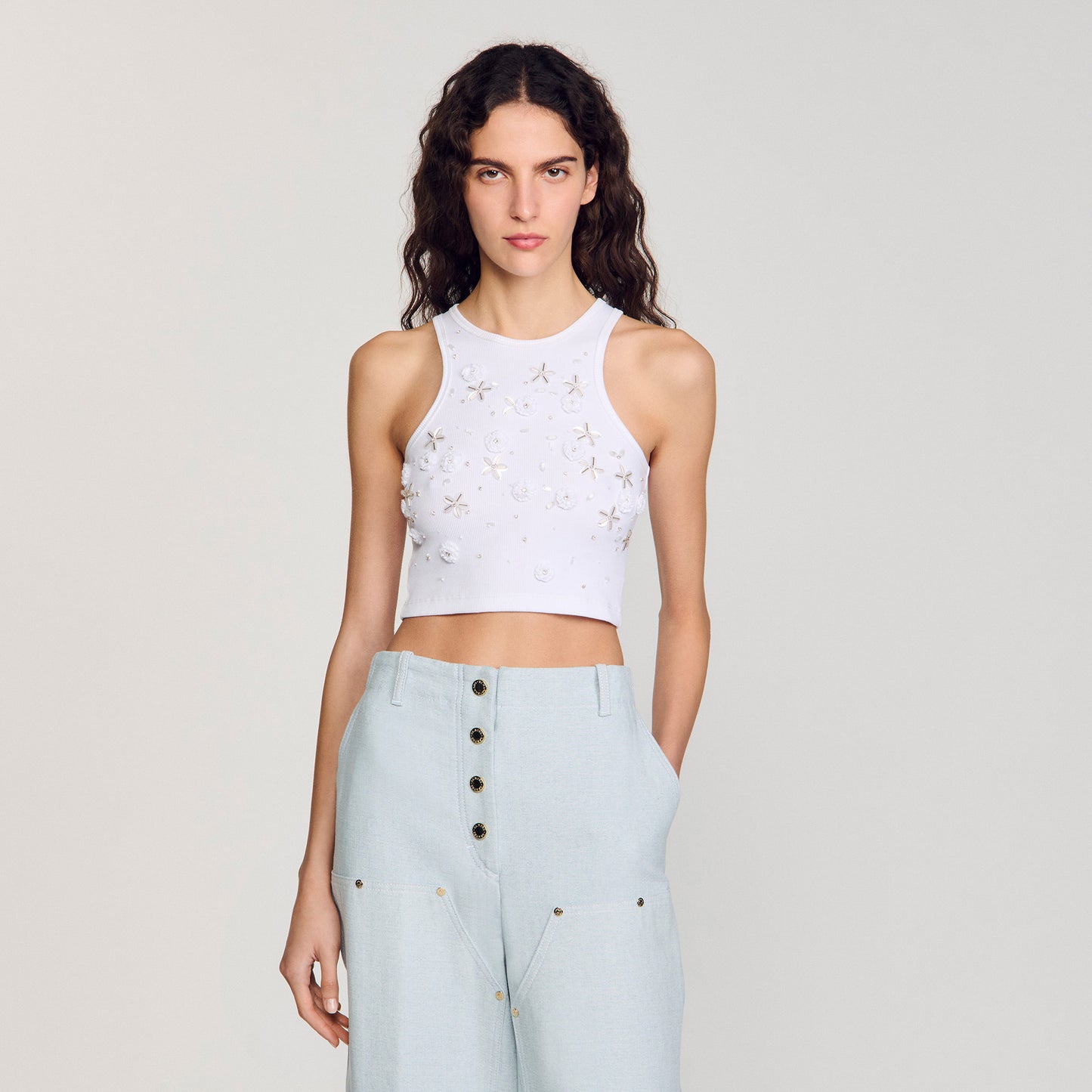Camiseta sin mangas strass y perlas