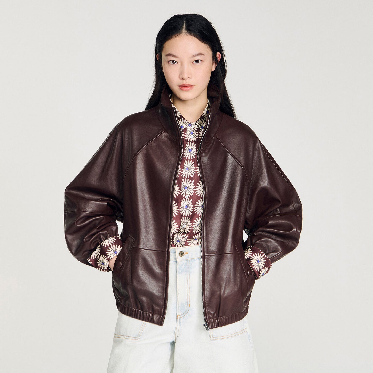 Cazadora de cuero oversize con zip