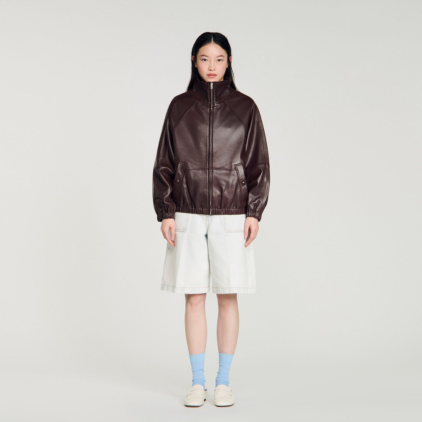 Cazadora de cuero oversize con zip