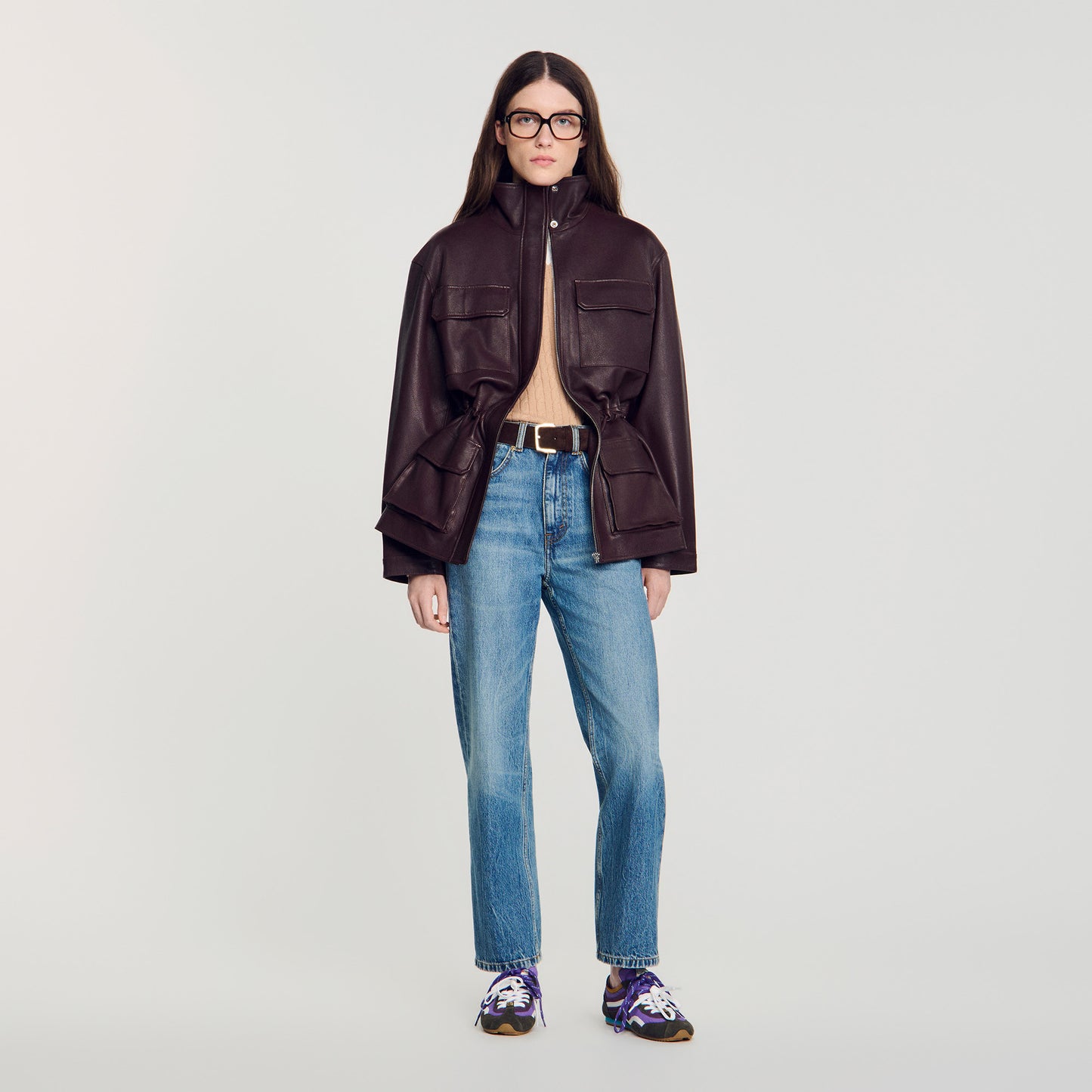 Cazadora oversize cuello de cuero