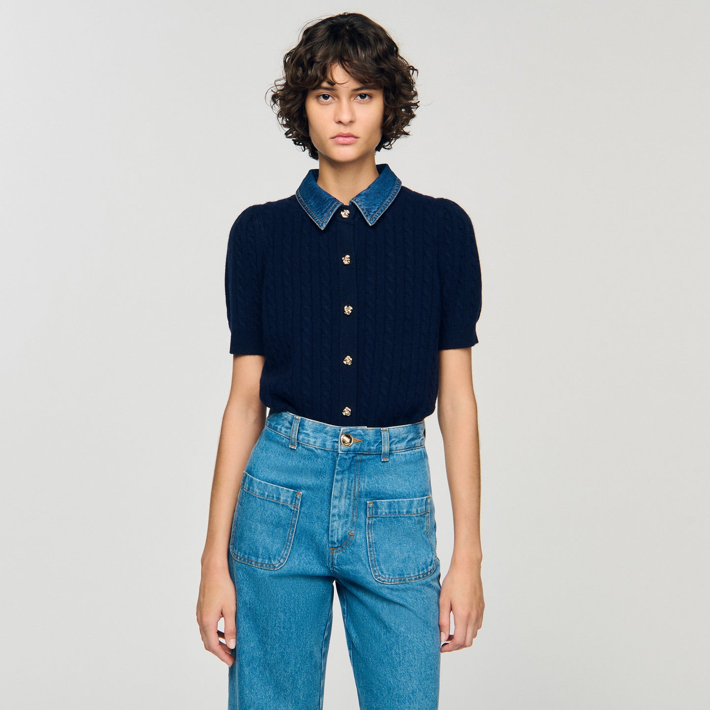 Cárdigan con cuello de denim