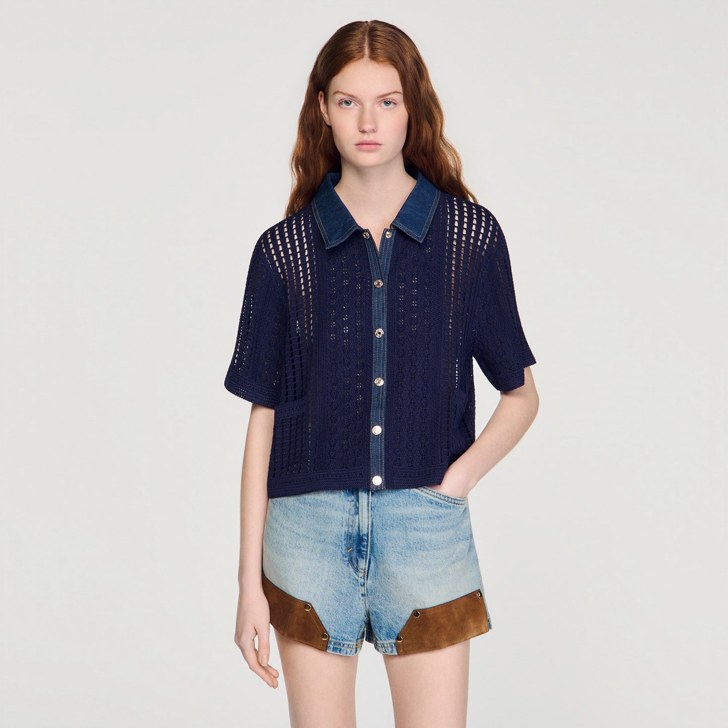 Cárdigan de croché y denim