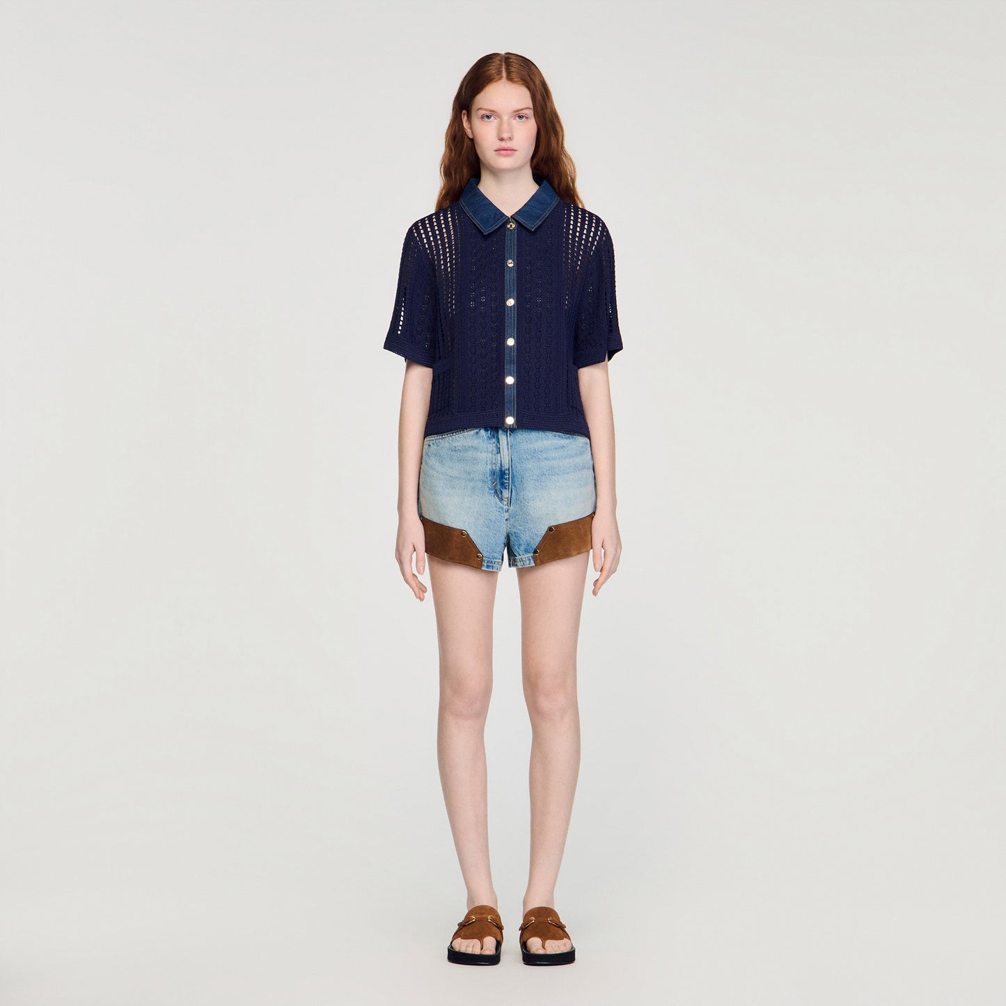 Cárdigan de croché y denim