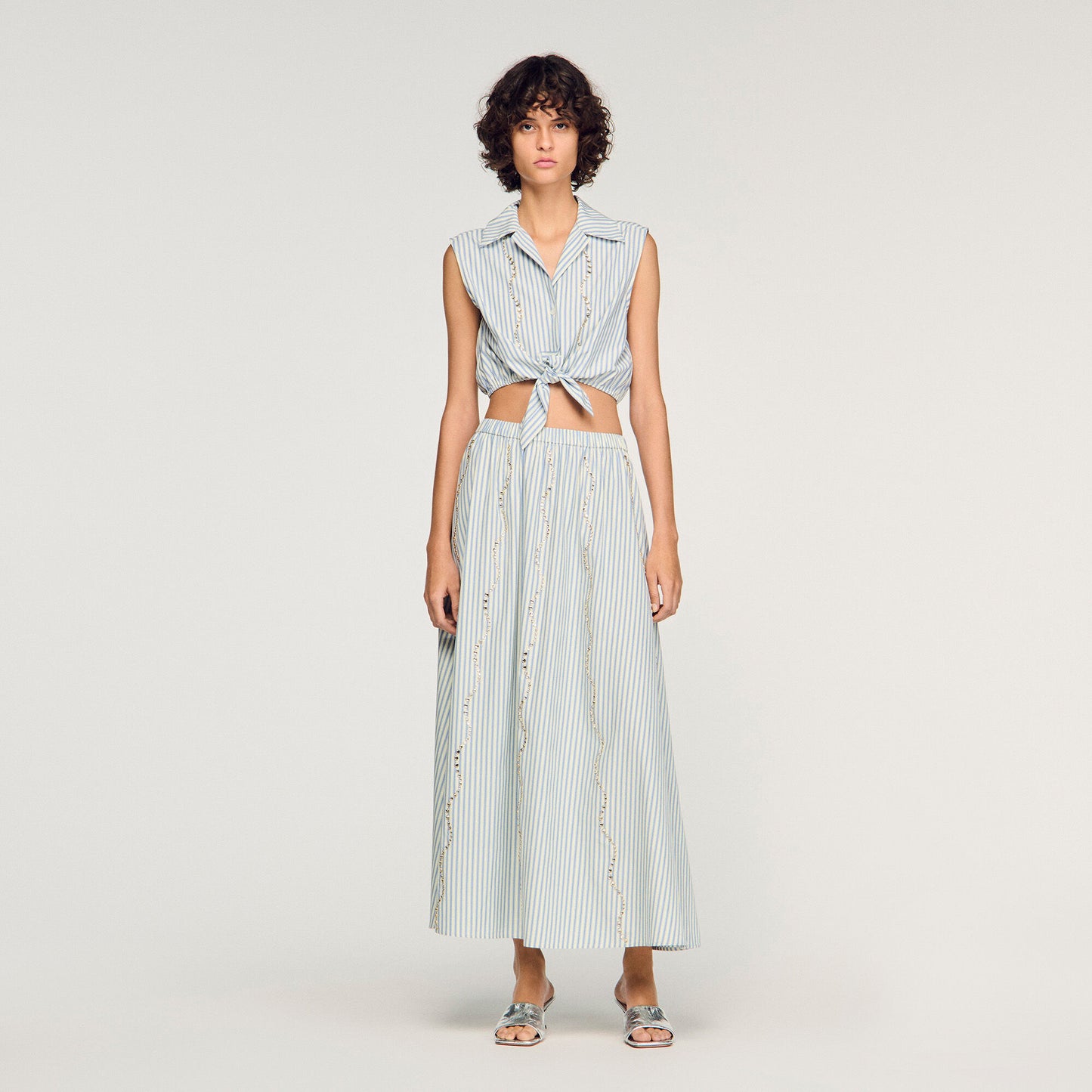 Camisa corta a rayas con strass