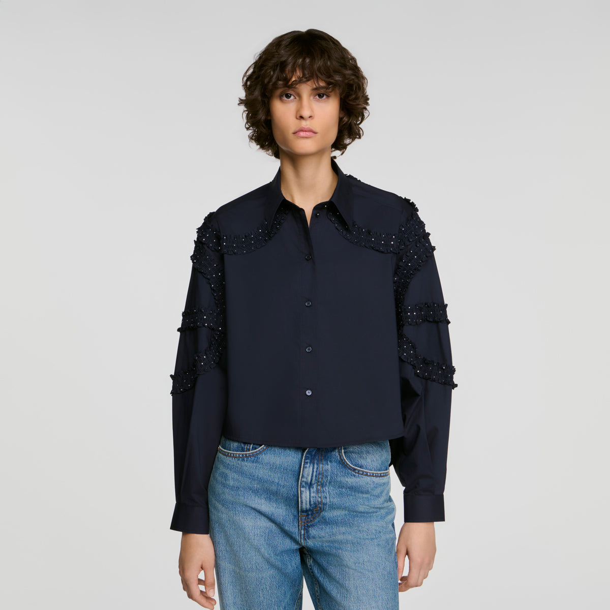 Camisa algodón fruncida con strass
