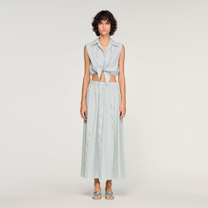 Falda larga de rayas con strass