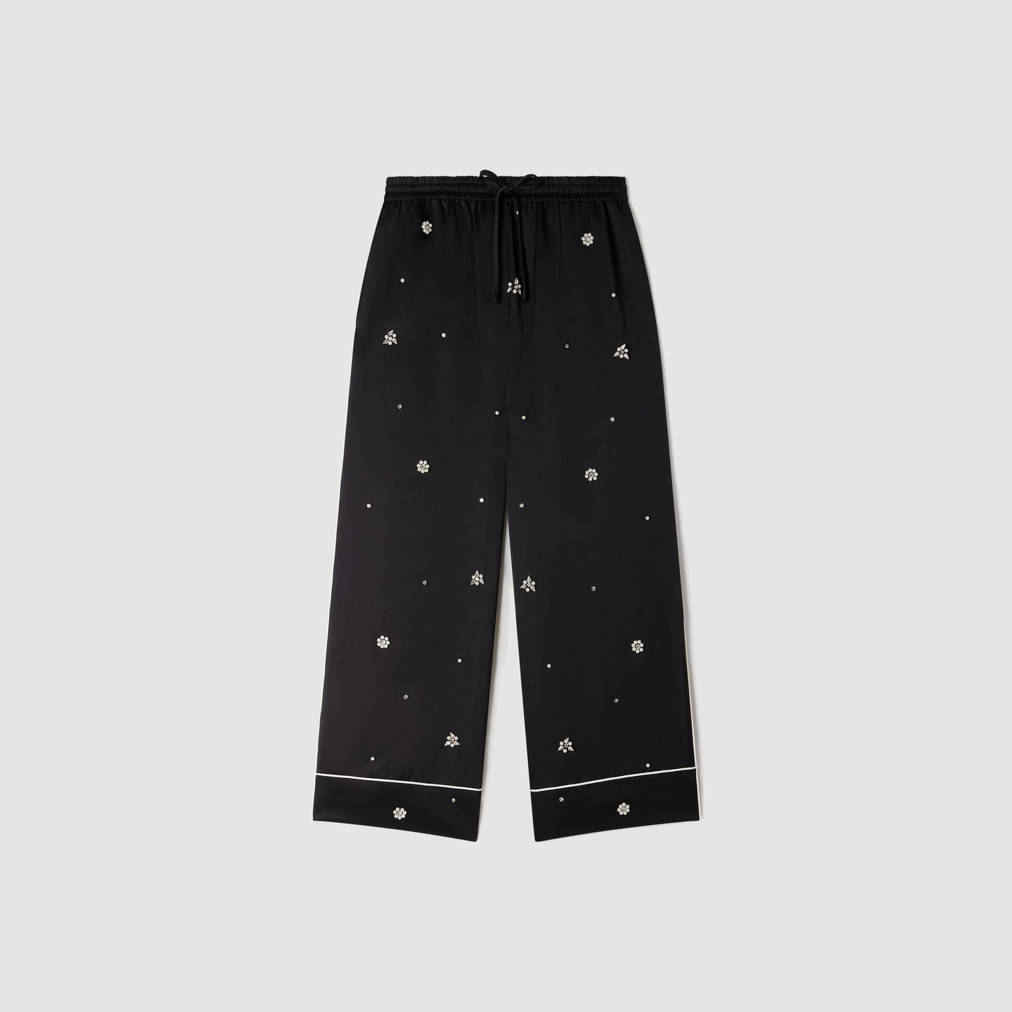 Pantalón ancho bordado con perlas y strass