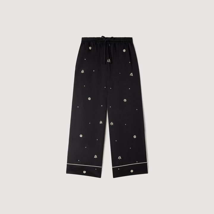 Pantalón ancho bordado con perlas y strass