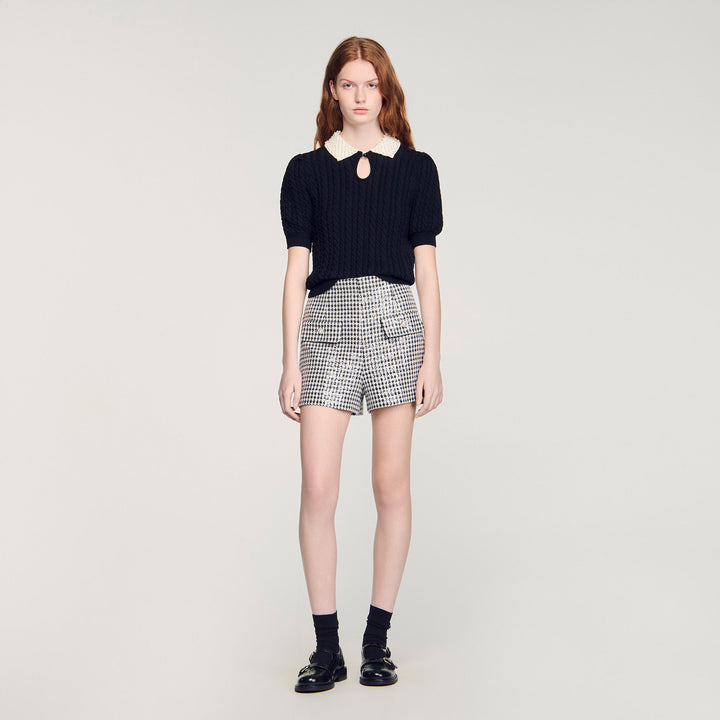 Jersey trenzado, cuello de perlas