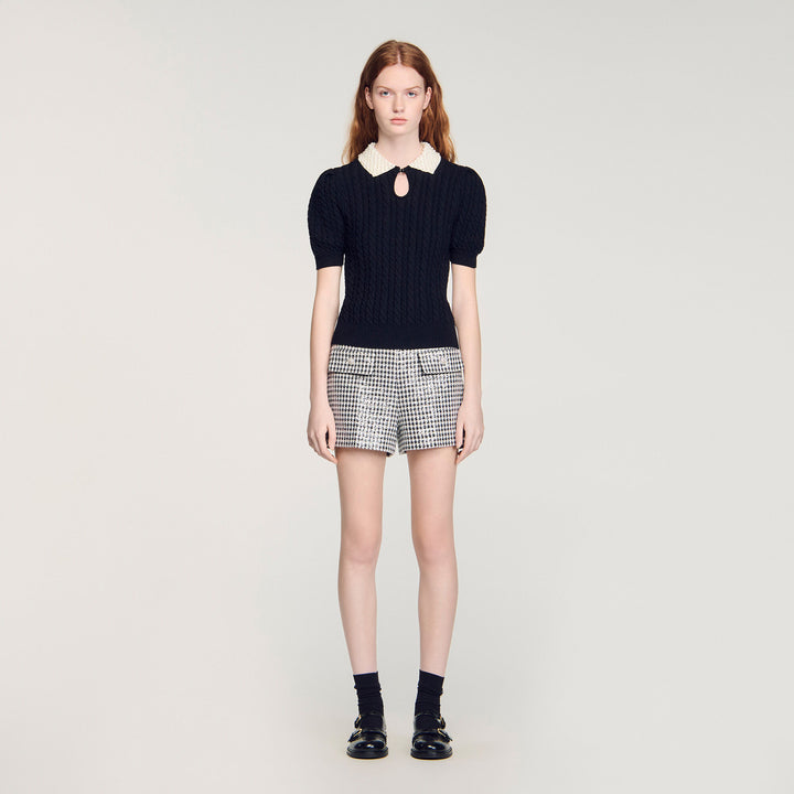 Jersey trenzado, cuello de perlas