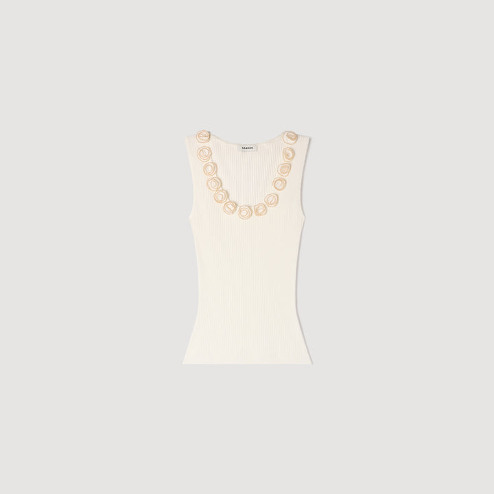Jersey canalé con rosas de perlas