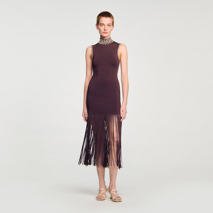 Vestido largo de punto con flecos