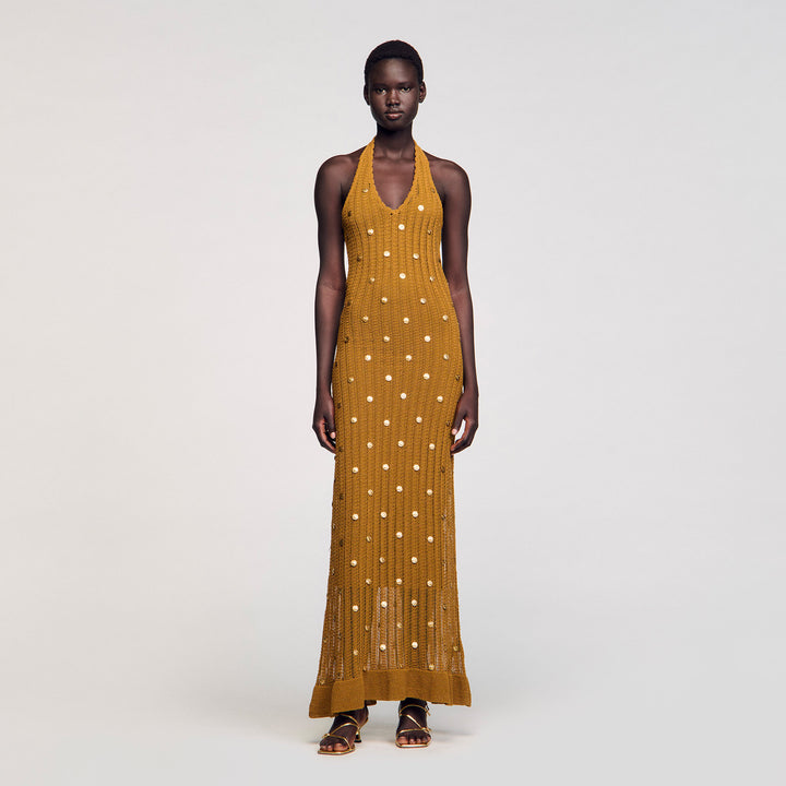 Vestido largo de punto con flecos