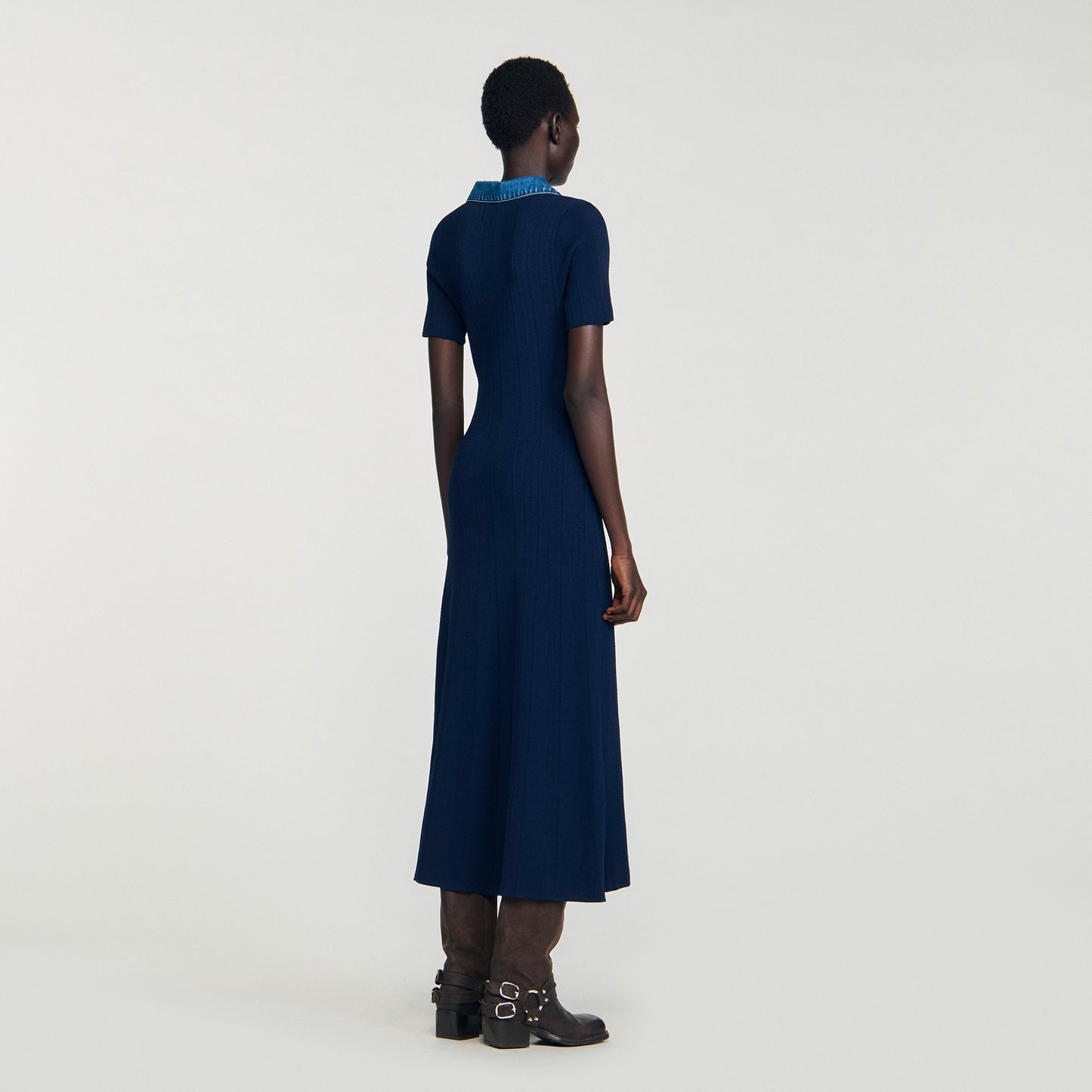 Vestido largo de punto cuello denim