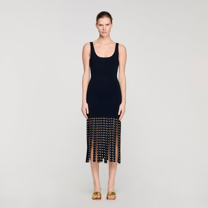 Vestido largo de punto con flecos