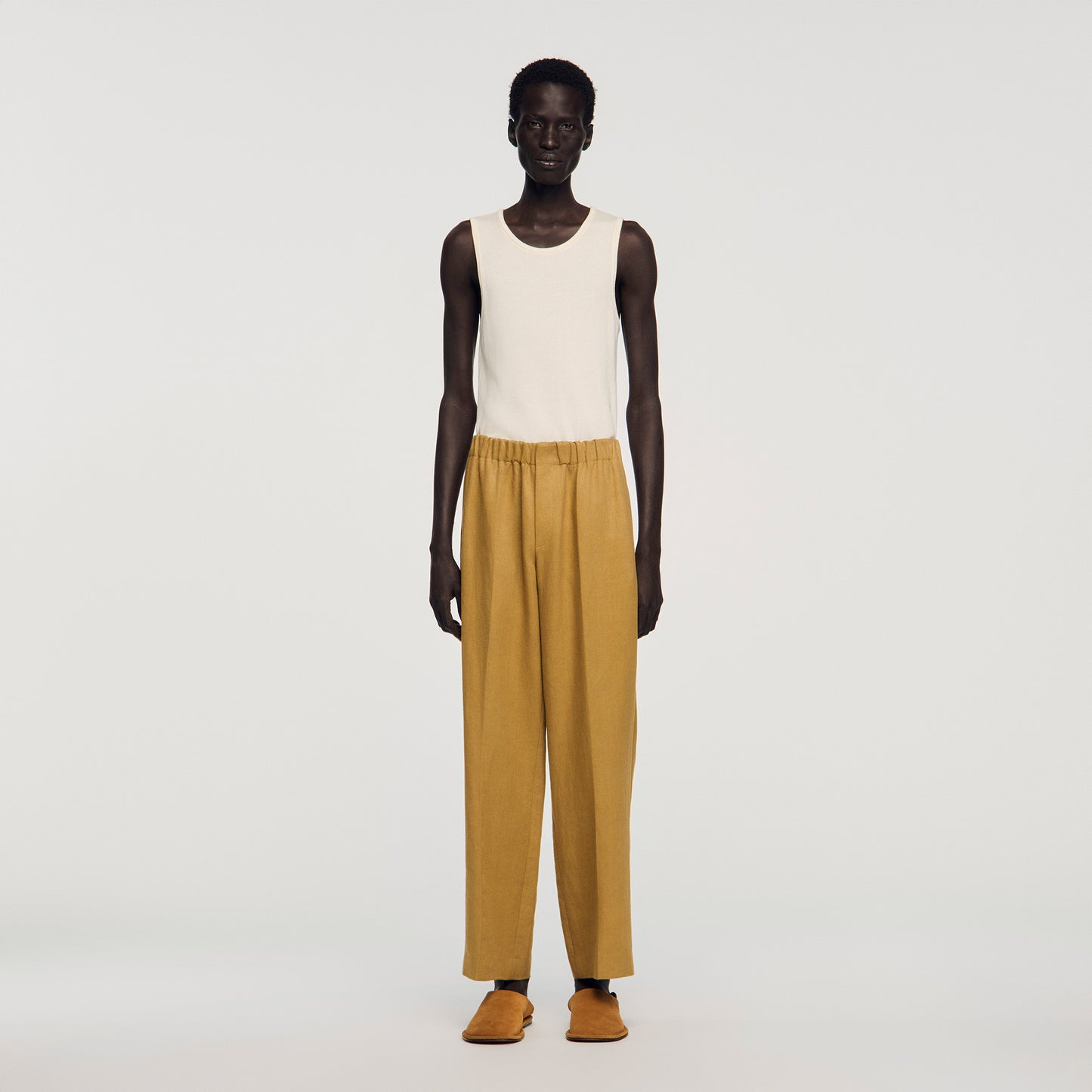 Pantalón ancho de lino elástico